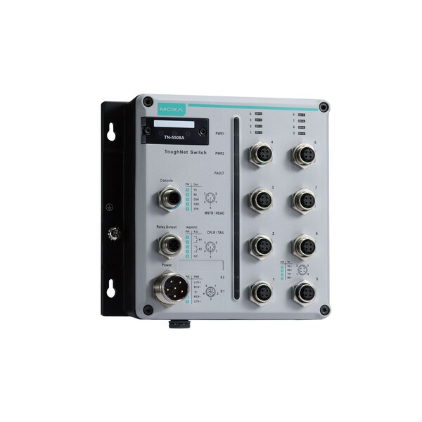 Moxa 8 Fe w/802.3At Poe+ M12Ports, Pwr Inpt 24-110 Vdc, Tn-5508A-8Poe-Wv-Ct-T TN-5508A-8PoE-WV-CT-T - main